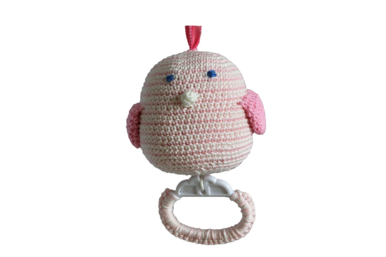 Vogeltje met muziekdoosje; roze/wit streep
