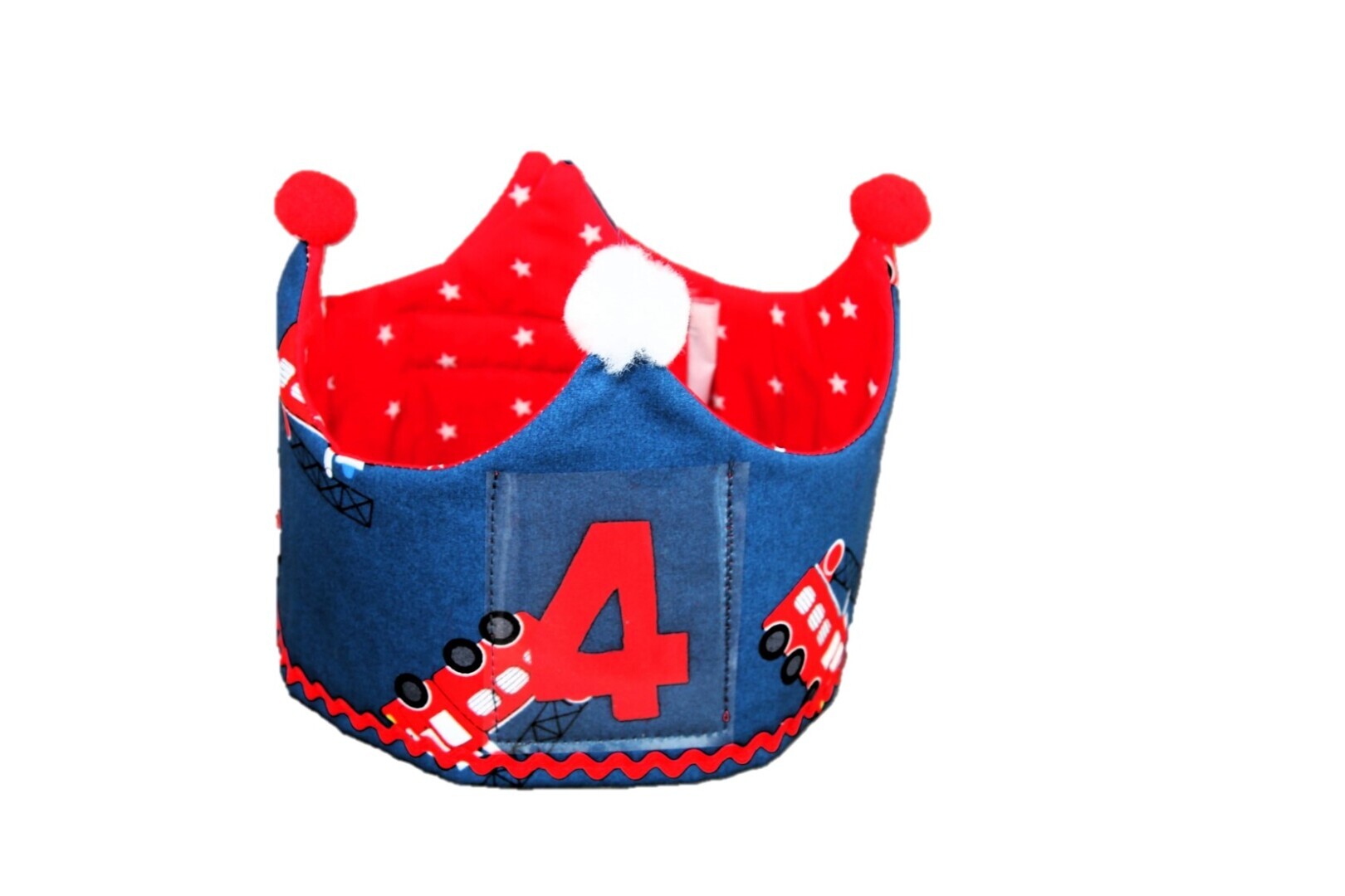 Feestkroon met verwisselbare cijfers 1-5; blauw met brandweerauto's
