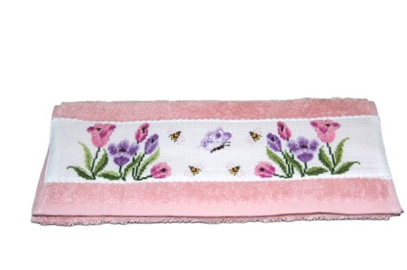 Gastendoekje; roze met tulpen