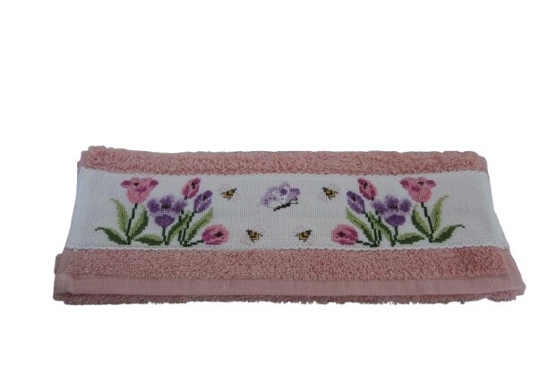 Gastendoekje; Roze met tulpen