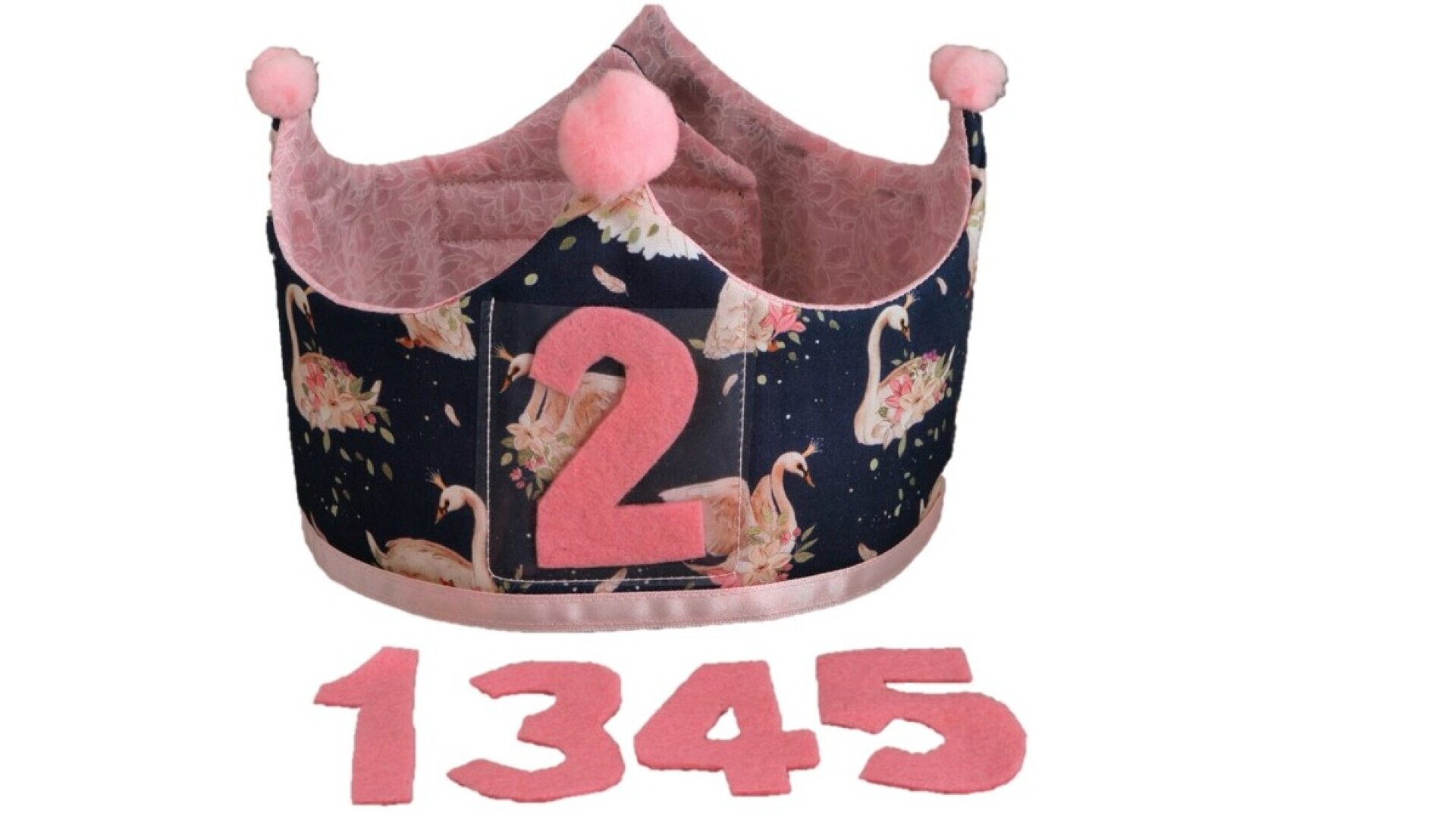 Feestkroon met verwisselbare cijfers 1-5; blauw met roze zwanen