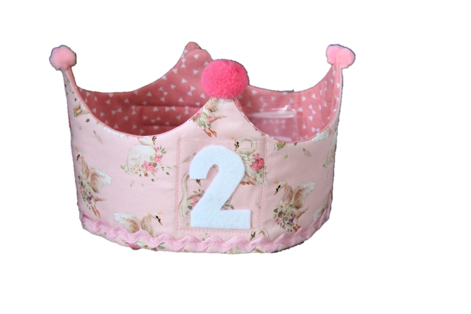 Feestkroon met verwisselbare cijfers 1-5; roze zwanen