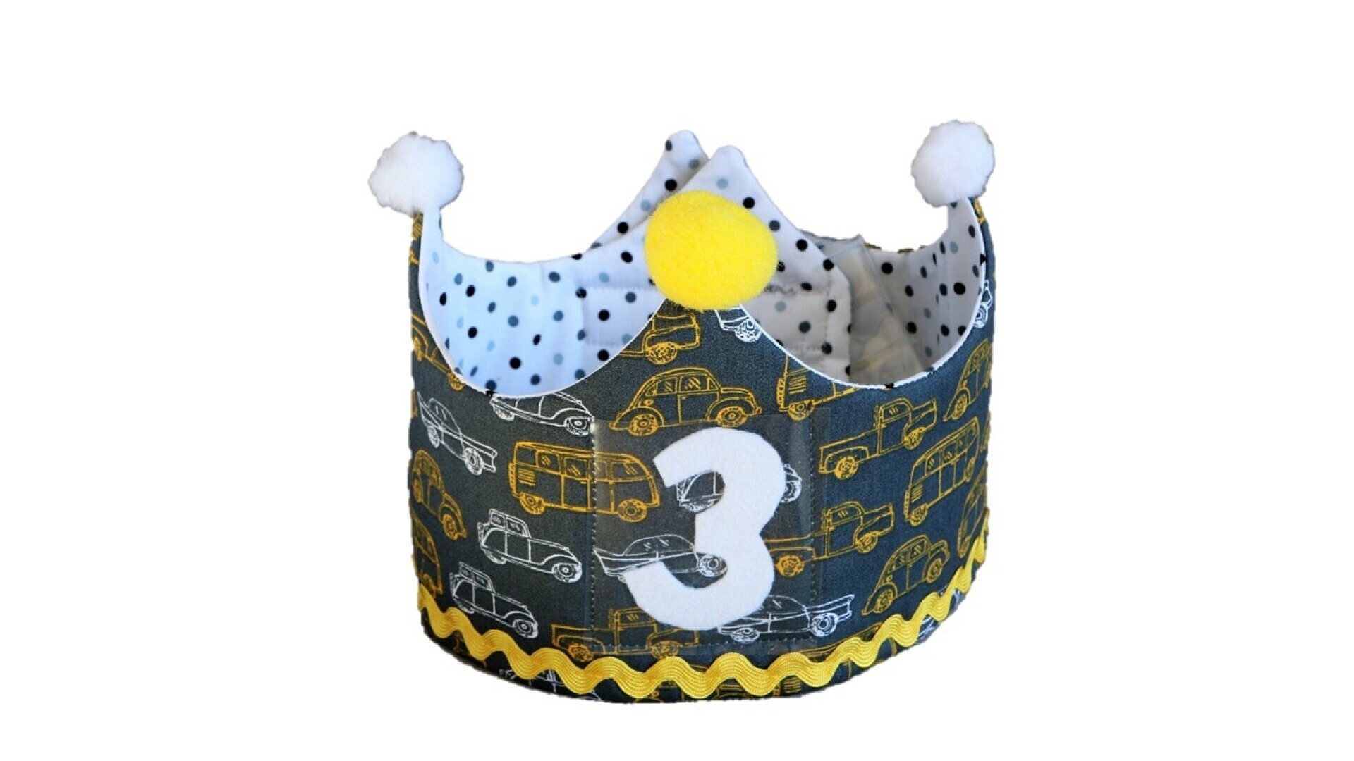 Feestkroon met verwisselbare cijfers 1-5; grijs met gele en witte auto's