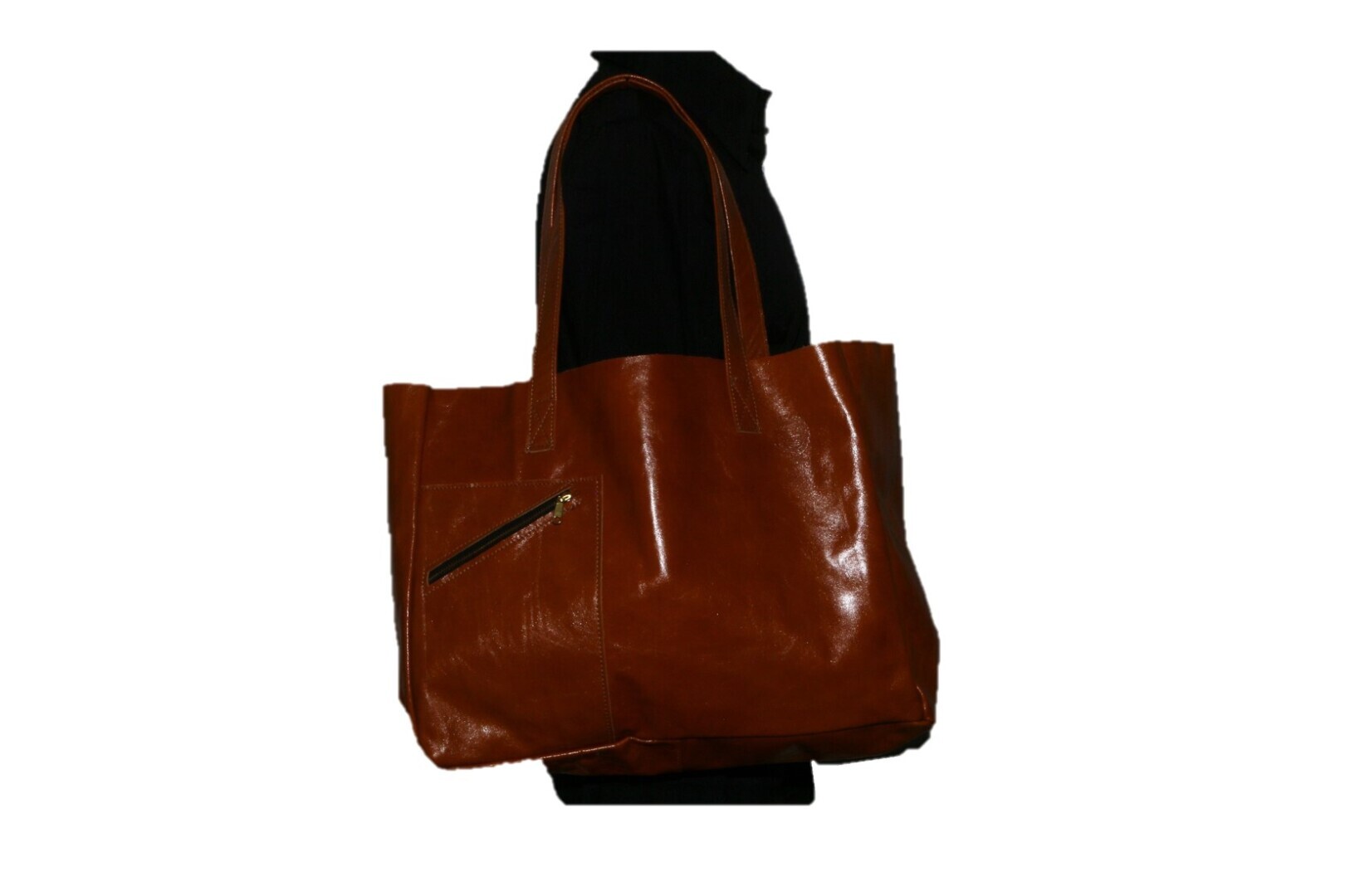 Leren Shopper; cognac kleur