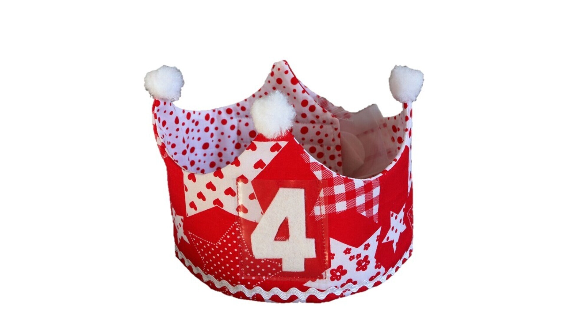 Feestkroon met verwisselbare cijfers 1-5; rood met witte sterren