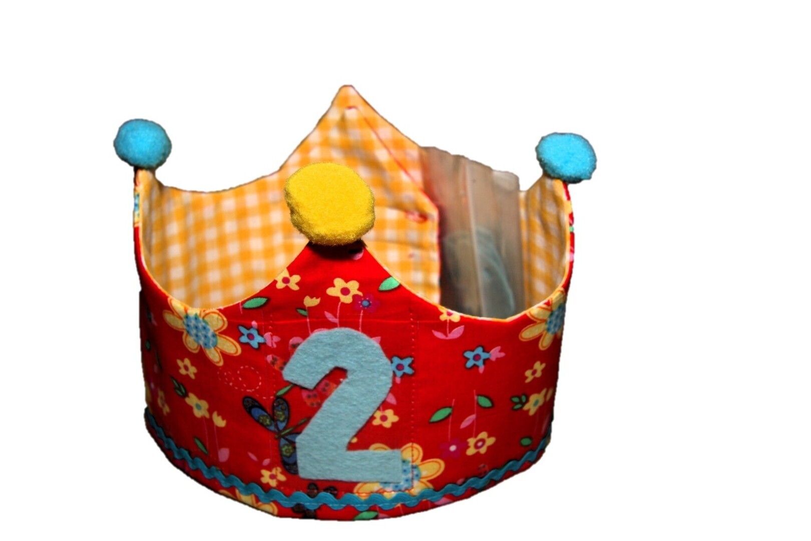 Feestkroon met verwisselbare cijfers 1-5; rood-gele bloemen-libelles