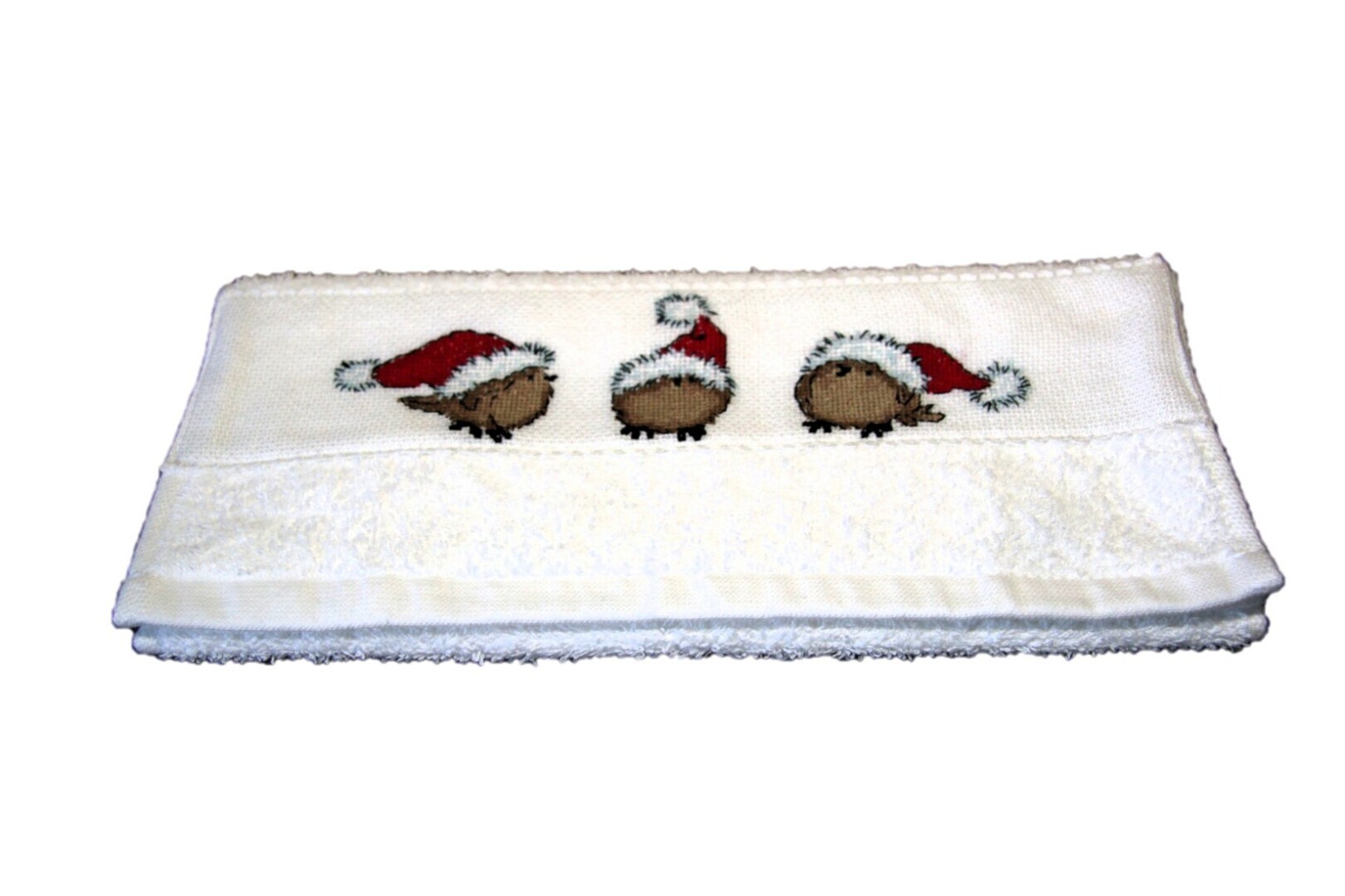 Kerst gastendoekje drie vogeltjes met kerstmuts