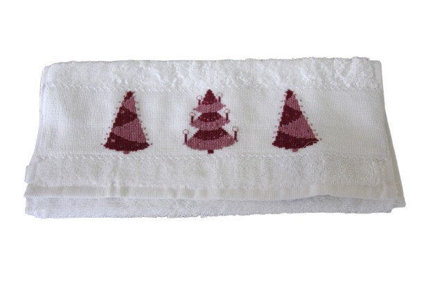 Kerst gastendoekje bordeaux-roze kerstbomen 