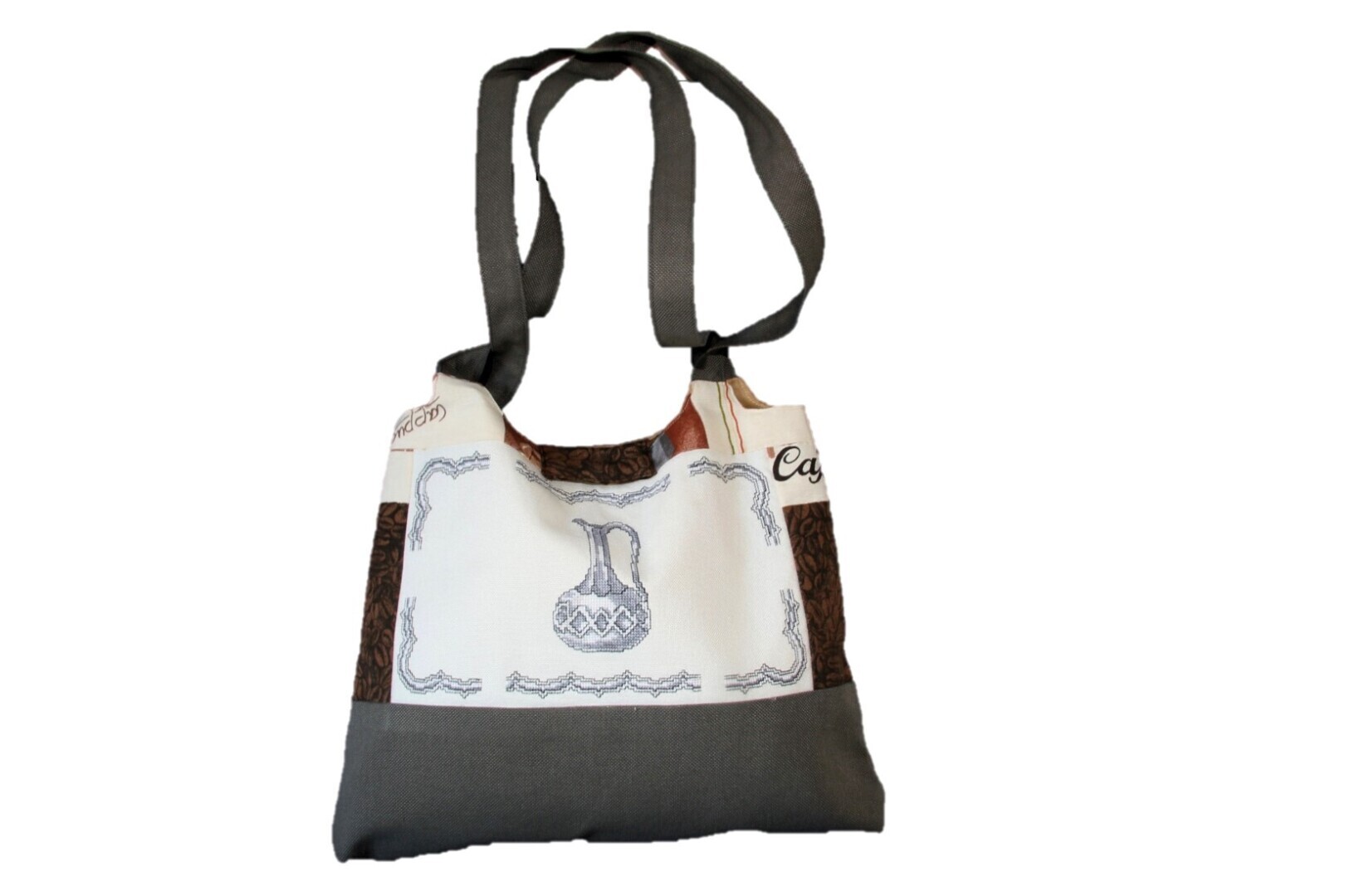 Tas, geborduurde koffiekan. Stof met koffie afbeeldignen. 