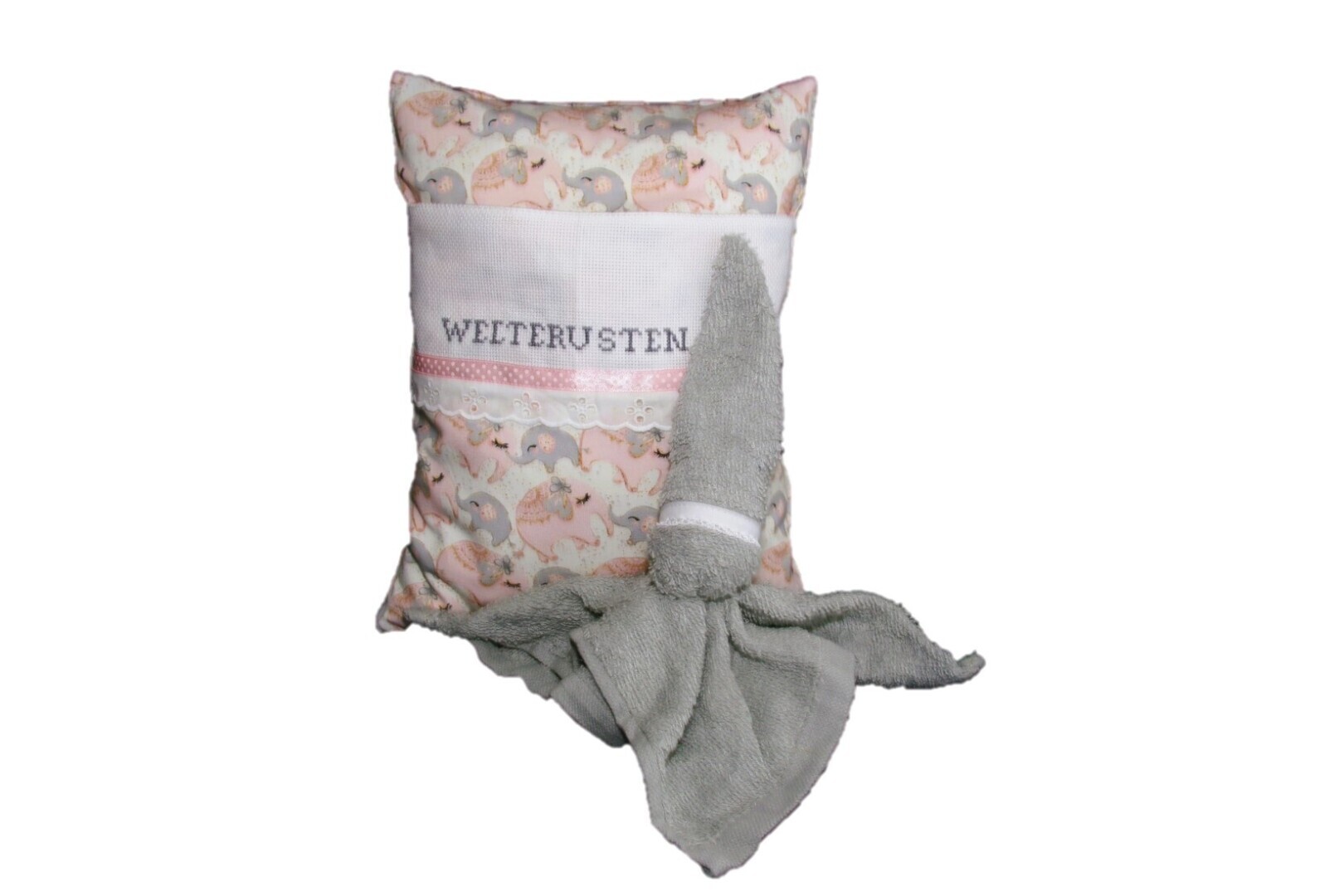 Welterustenkussentje met knuffeltje lichtgrijs