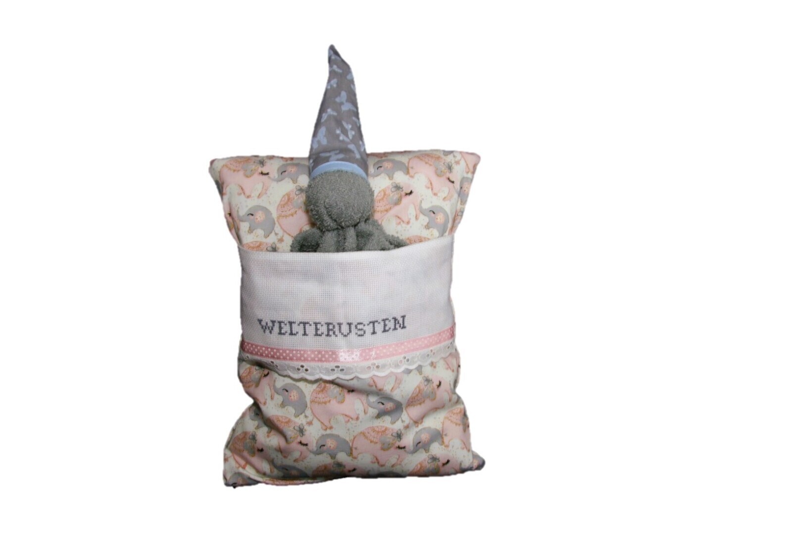 Welterustenkussentje met knuffeltje lichtgrijs-vlinders