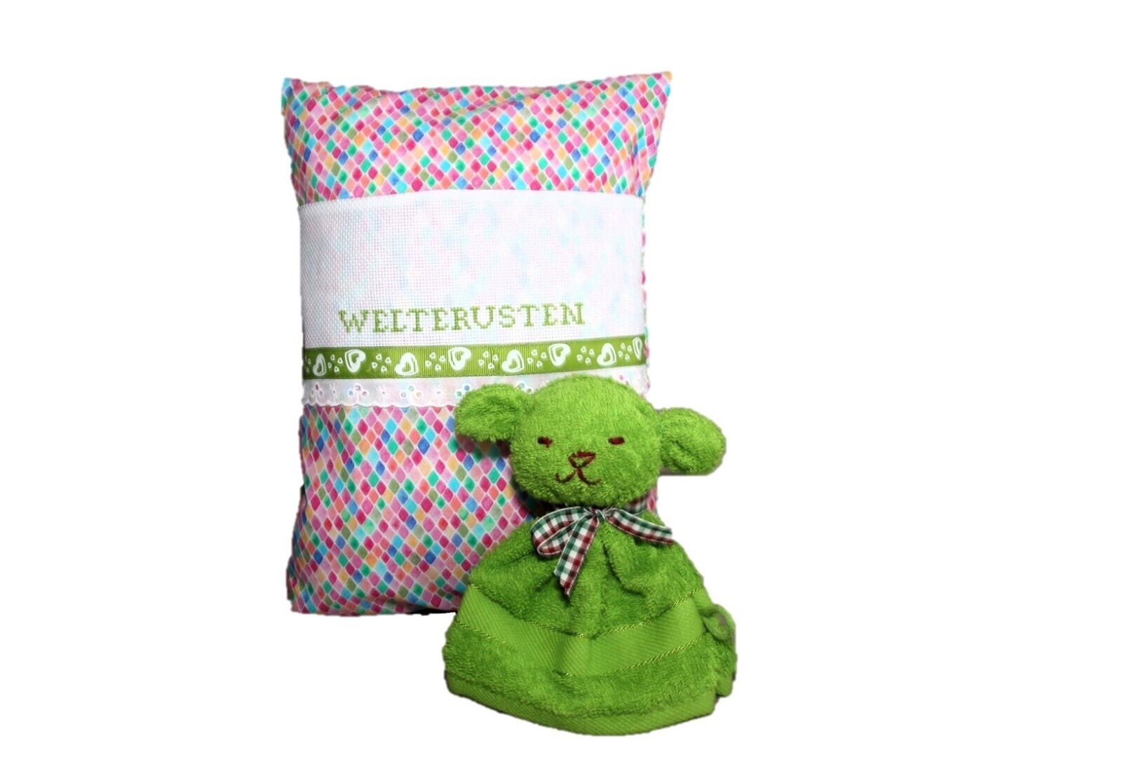 Welterustenkussentje met wasbeertje groen