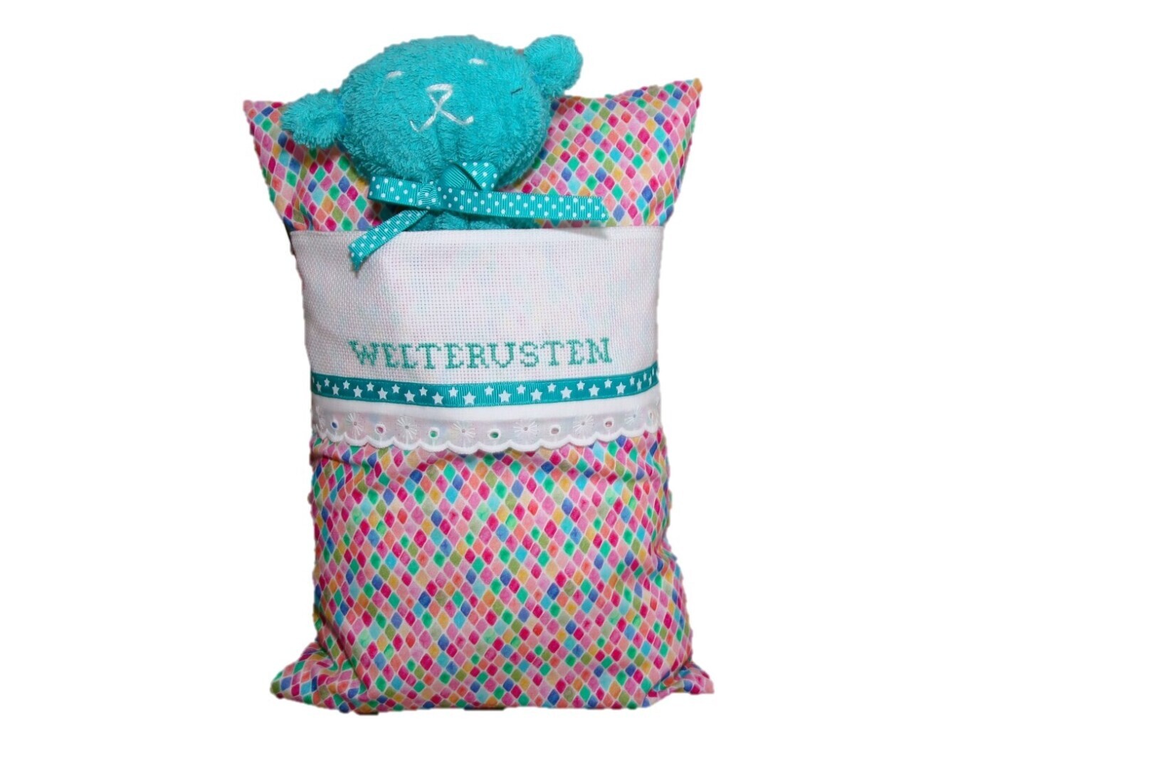 Welterustenkussentje met wasbeertje mintgroen