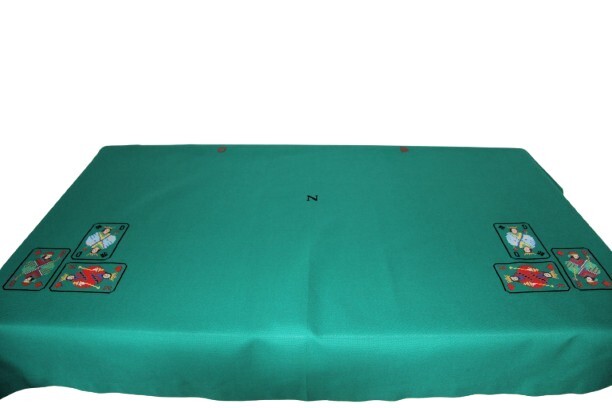 Bridgekleed 135x135; speelkaarten in de hoeken, rode koning